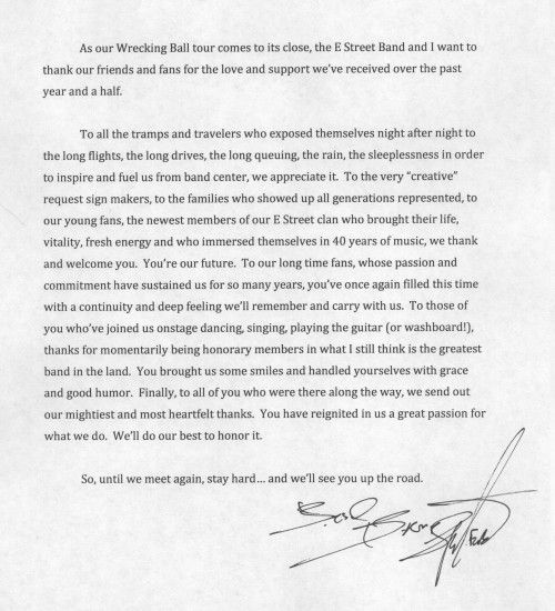 Bruce Springsteen letter to fans