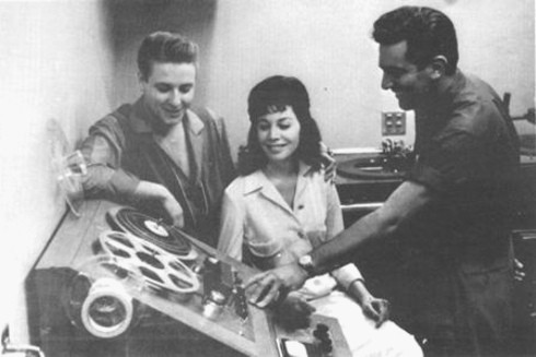 Eddie Cochran with fiancee Sharon Sheeley, and Goldstar sound engineer Stan Ross