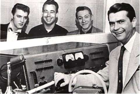 Elvis Presley, Bill Black, Scotty Moore and Sam Phillips at Sun Records
