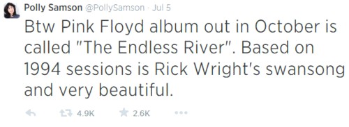 Polly Samson Pink Floyd tweet about Pink Floyd's The Endless River